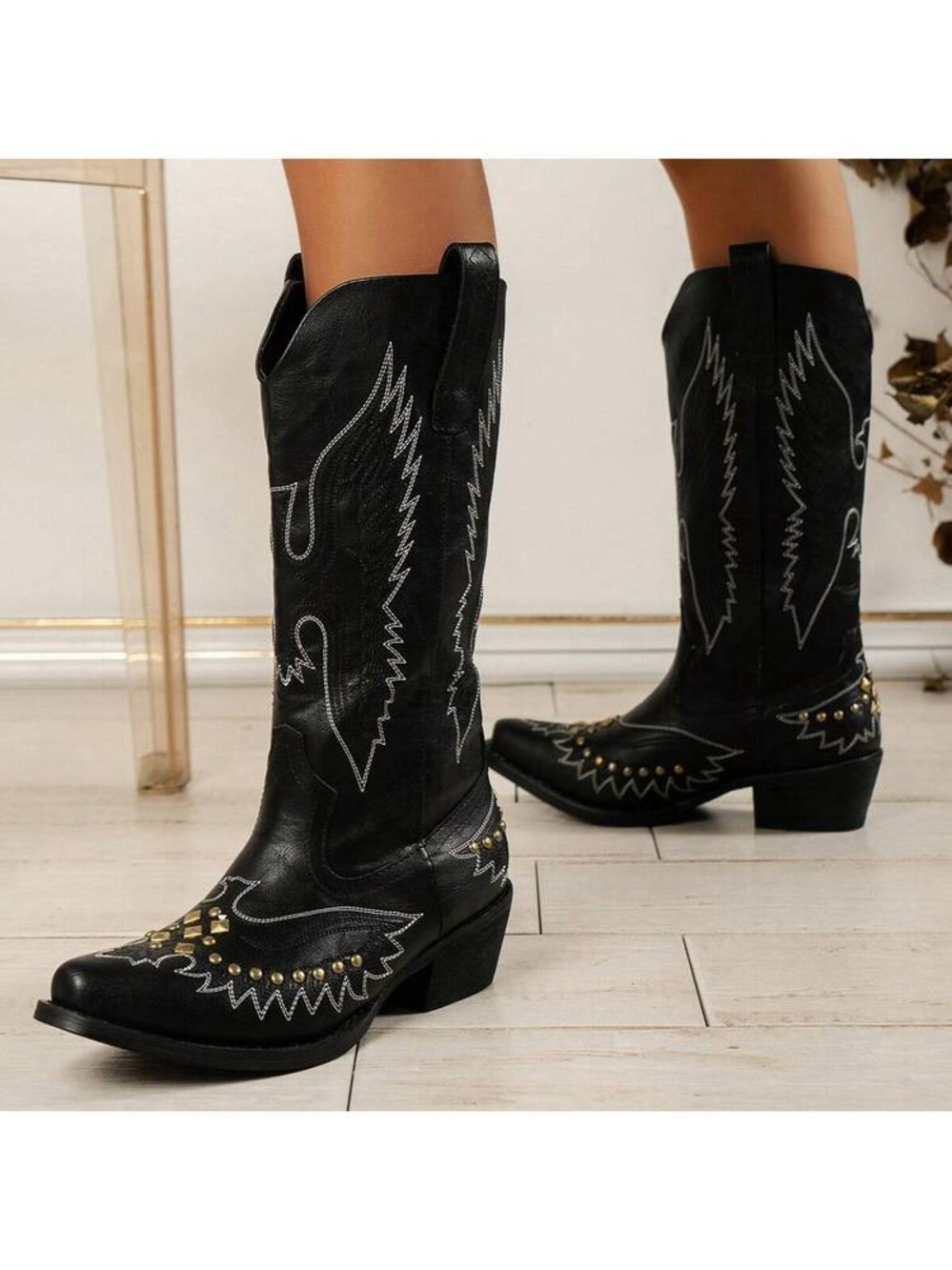 Shibever Black Western Tall Boots with Contrast Eagle Stitching